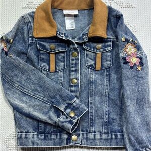 Kids Denim Jacket with faux suede Collar and Floral Embroidery